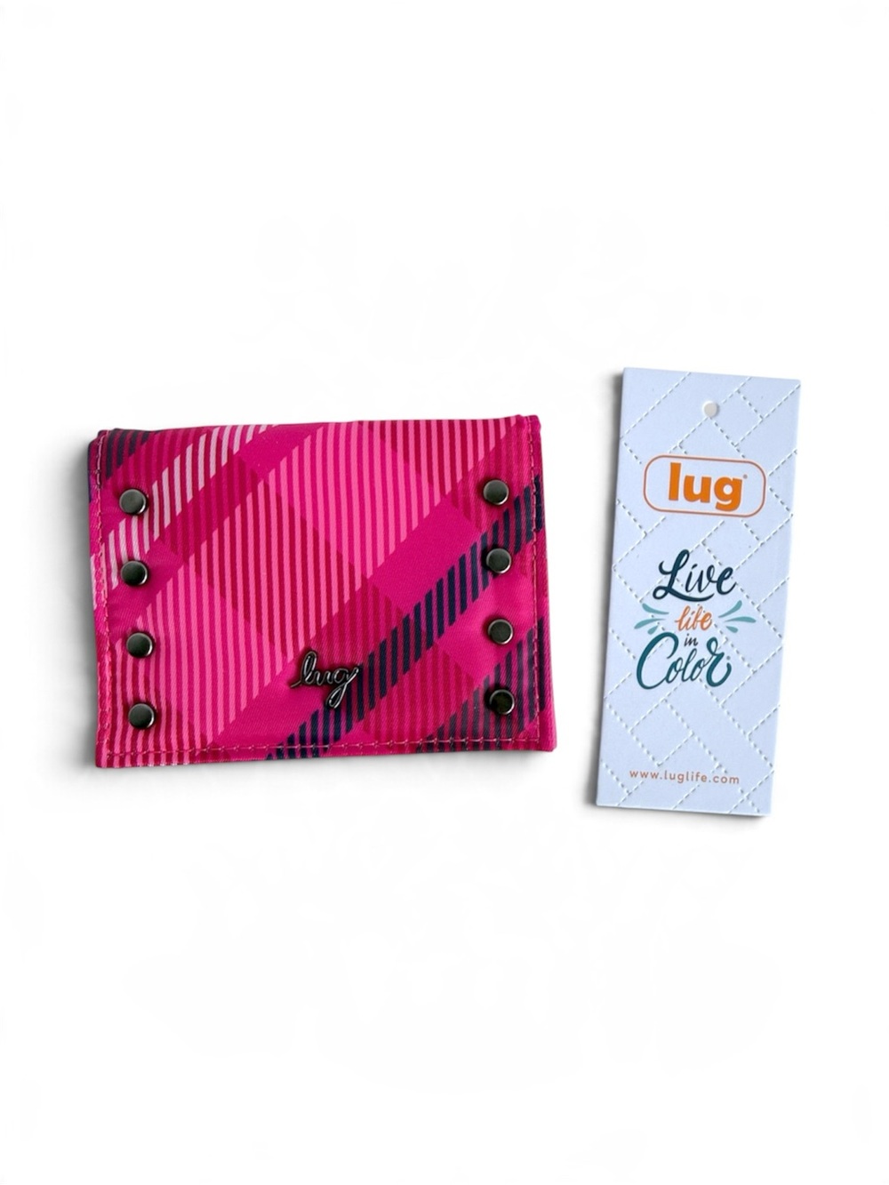 LUG Walkover Mini Wallet Card Holder Berry Plaid Studded NWOT